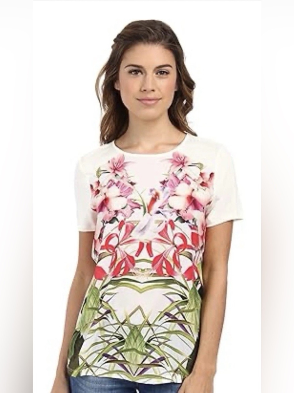 Ted Baker Womens Sz 3 Renella Mirrored Floral Graphic Tee Short Sleeve Top Shirt